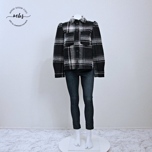 NWT Gap Plaid Puff Sleeve Cropped Wool Shirt Jacket Black White Women S Tall - Picture 3 of 12
